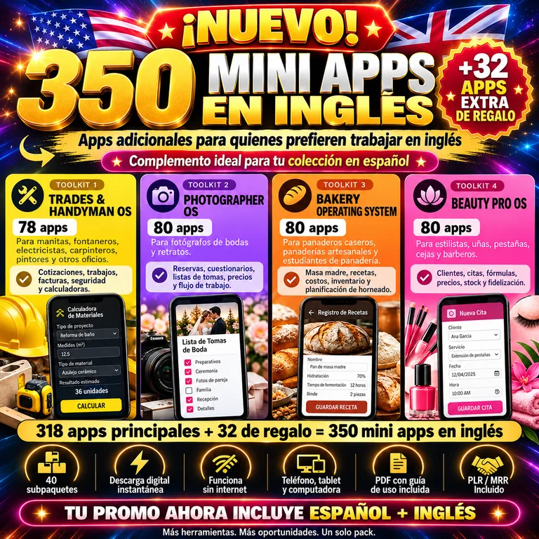 350 mini apps en inglés: Trades & Handyman OS, Photographer OS, Bakery Operating System y Beauty Pro OS