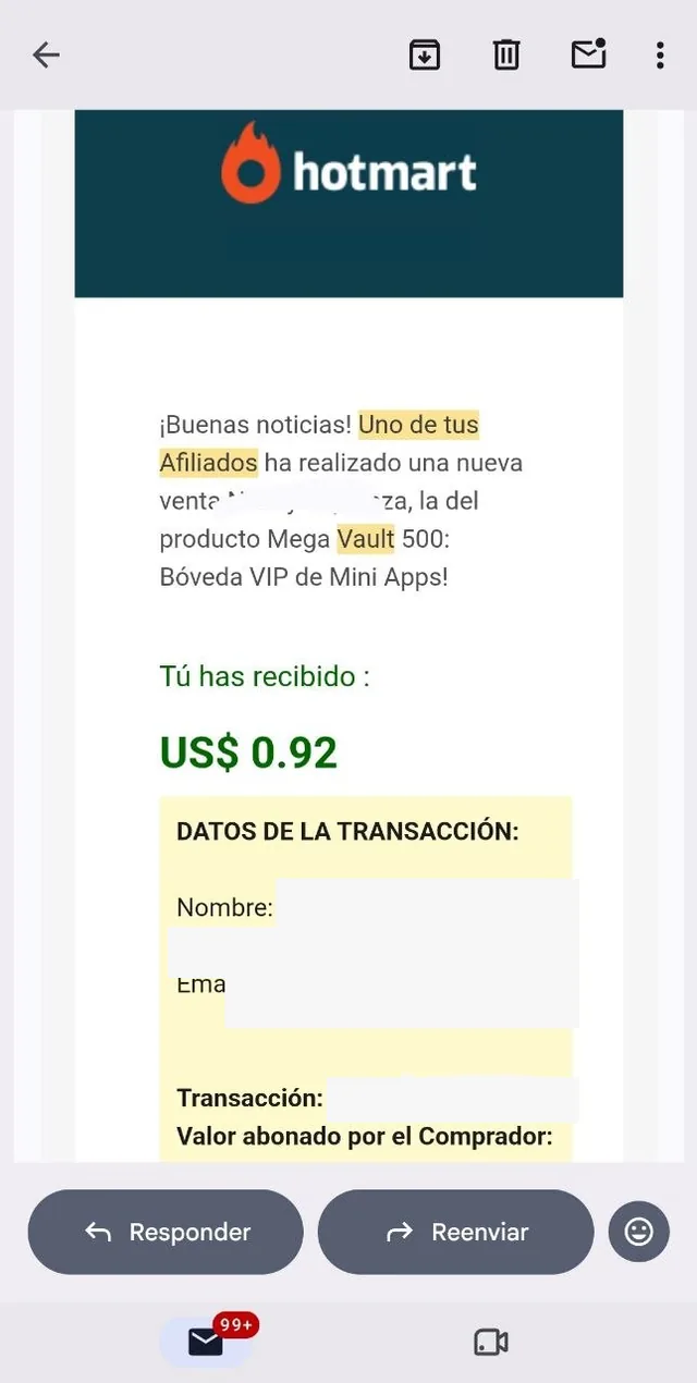 Captura de Hotmart: el productor recibe US$0.92 por una venta de un afiliado; datos personales ocultos.