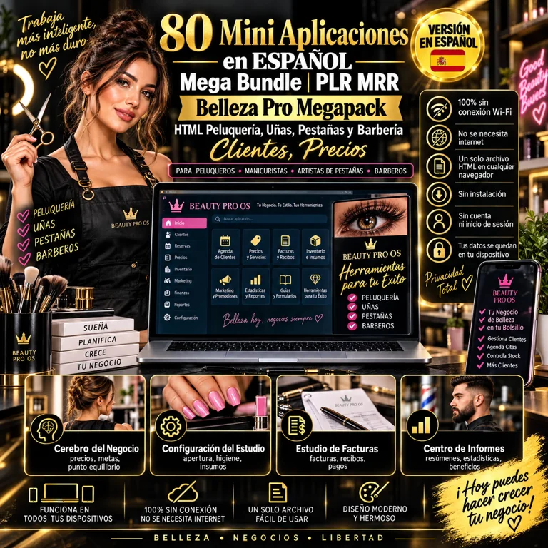 Sistema Belleza Pro: Mega Bundle de 80 Mini Aplicaciones en Español de uso personal y profesional