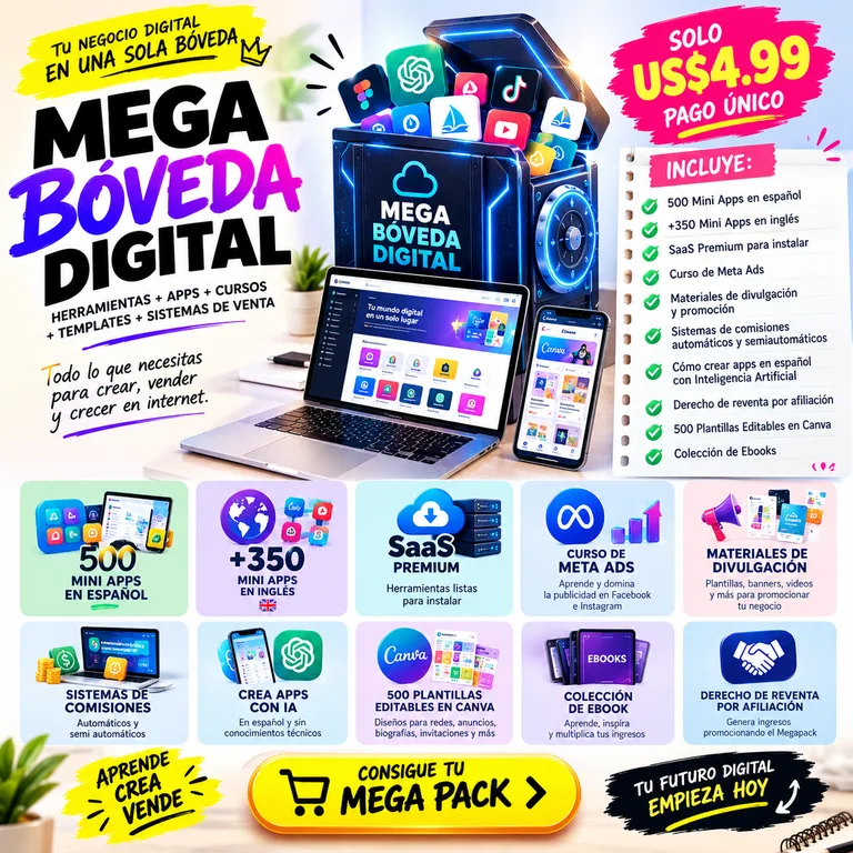 Megapack completo: 500 mini apps en español, más de 350 en inglés, SaaS Premium, curso de Meta Ads, materiales de promoción, comisiones automáticas, apps con inteligencia artificial, 500 plantillas de Canva, ebooks y derecho de reventa por afiliación