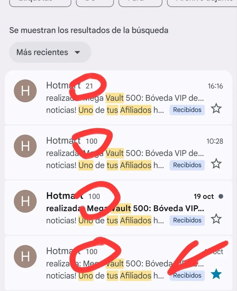 Resumen de correos de Hotmart compartido por el productor, con notificaciones de ventas realizadas por sus afiliados.