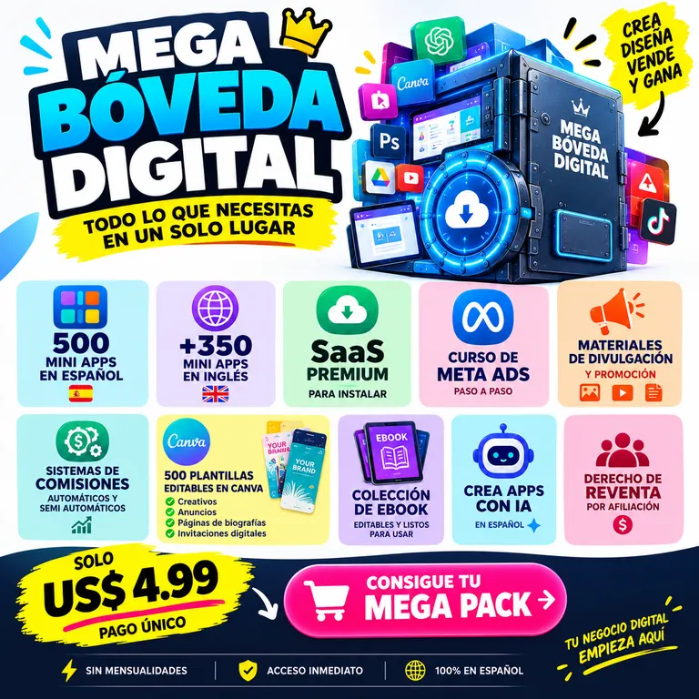 Mega Bóveda Digital: caja 3D con apps, cursos, templates y sistemas de venta por US$4.99