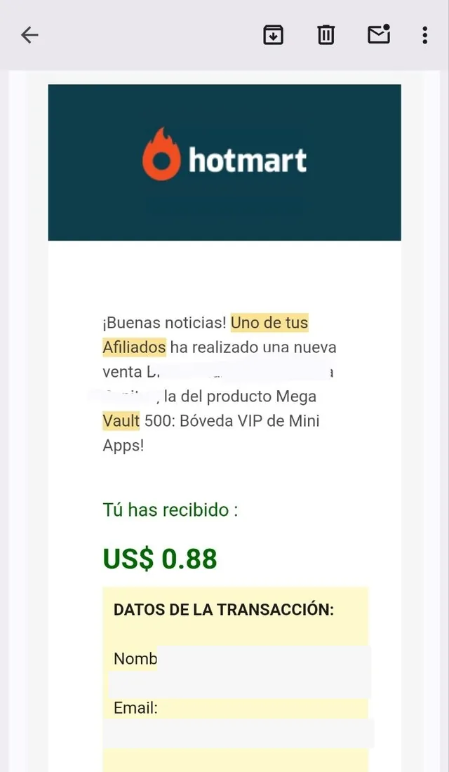 Captura de Hotmart: el productor recibe US$0.88 por una venta de un afiliado; datos personales ocultos.